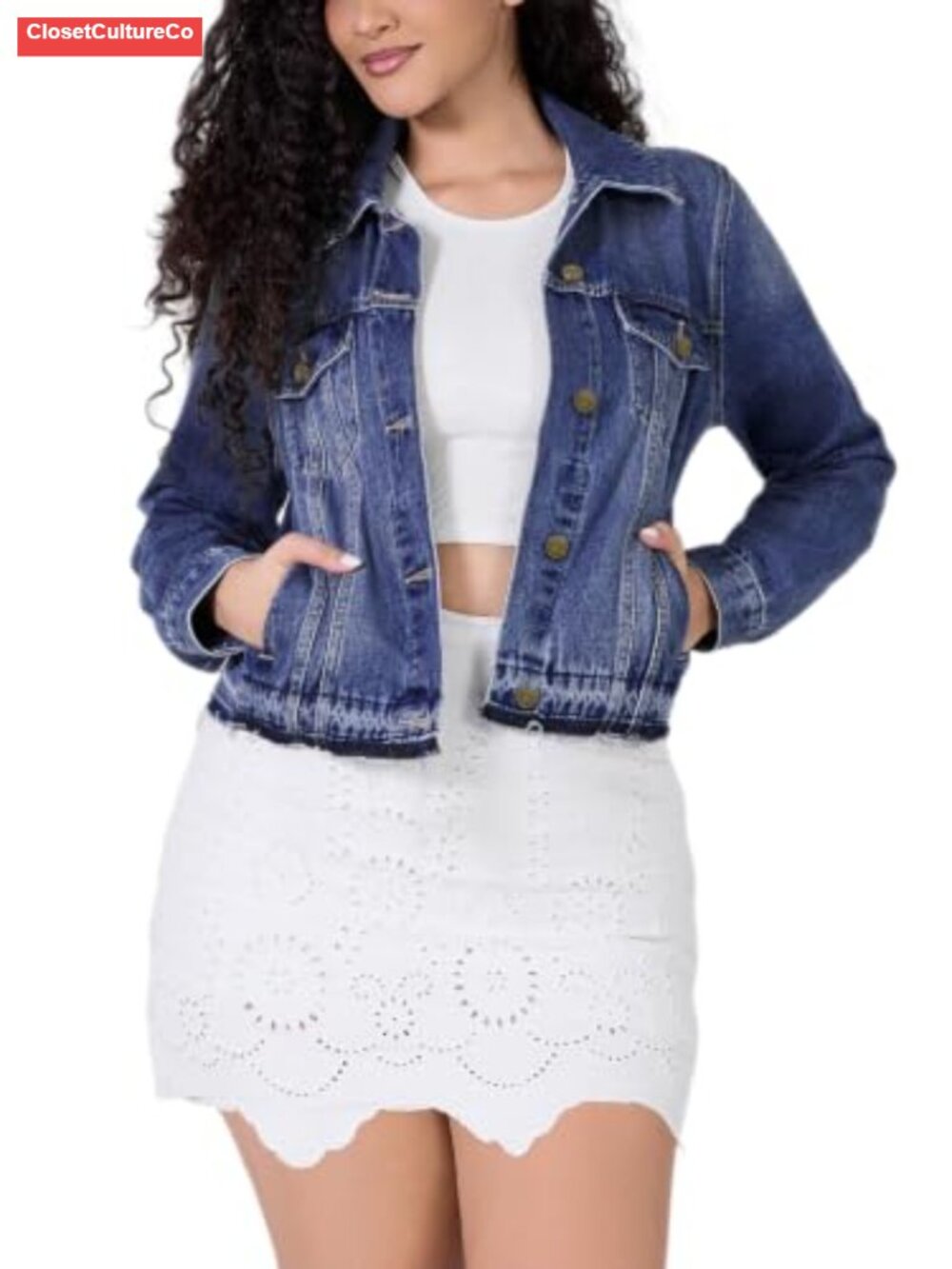Cropped Denim Jacket Button Up Frayed Hem Jean Jacket